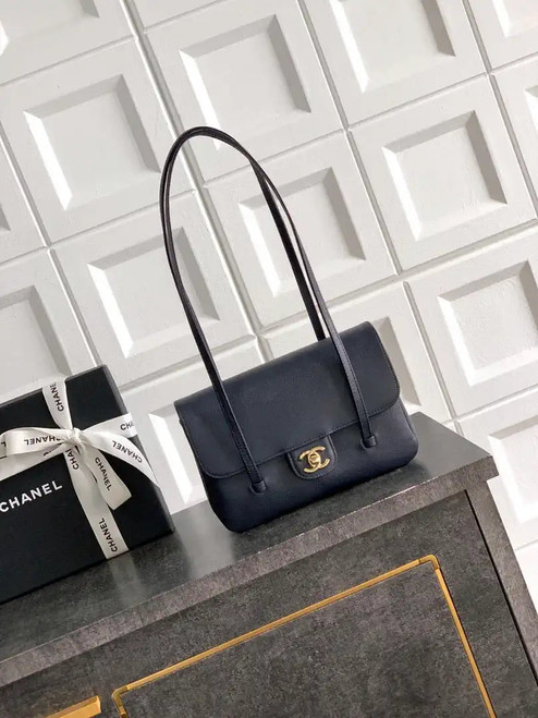 Chanel AS6130 Small Flap Bag Grained Shiny Calfskin & Gold-Tone Metal Navy Blue
