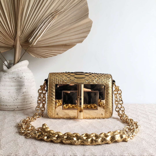 Tom Ford 25116800041 Metallic Gold Python Natalia Chain Shoulder Bag