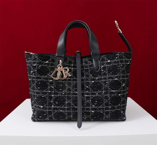 Dior M2820 Large Dior Toujours Bag Black Tweed with White Cannage Motif