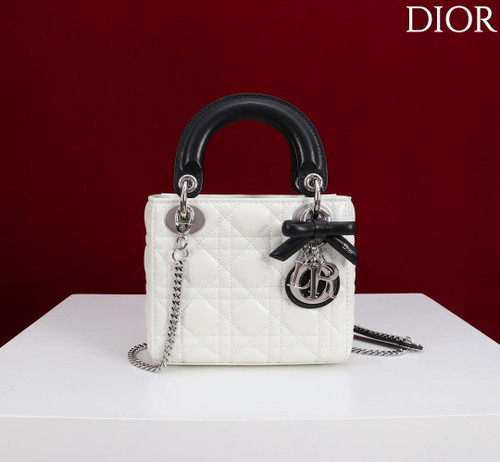 Dior M0531OUQA_M030 Small Lady Dior Bag with White Cannage Lambskin Silver Chain