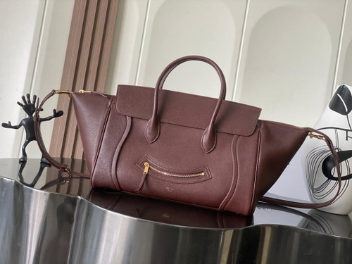 Celine L100E3GW2 MEDIUM NEW LUGGAGE IN SUPPLE SHINY LAMBSKIN Brown Red