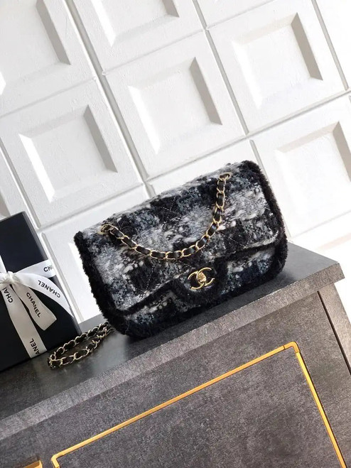 Chanel Large Flap Tweed Shearling Lambskin & Gold-Tone Metal AS5686  Black & Gray