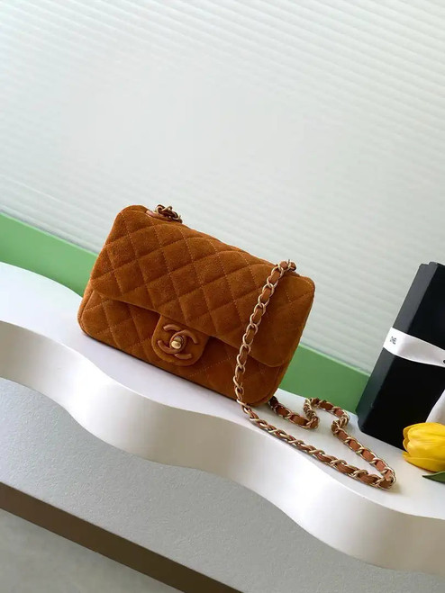 Chanel AS5987 Flap 26cm Suede Calfskin Lambskin & Gold-Tone Metal Dark Beige