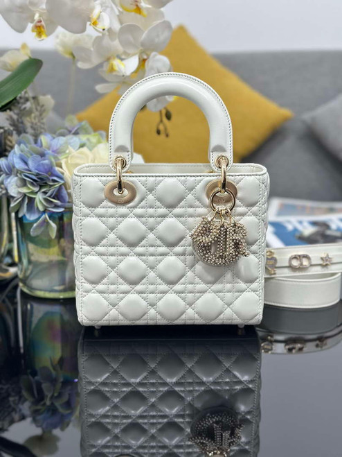 Dior M0531 Small Lady Dior Bag  White Cannage Lambskin with Gold-Finish Sun Studs