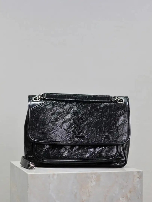 Yves Saint Laurent YSL 633158 Niki Medium In Quilted Crinkled Vintage Leather Bag Black