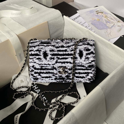 Chanel AS4561 Evening Bag Sequins & Silver-Tone Metal Black White