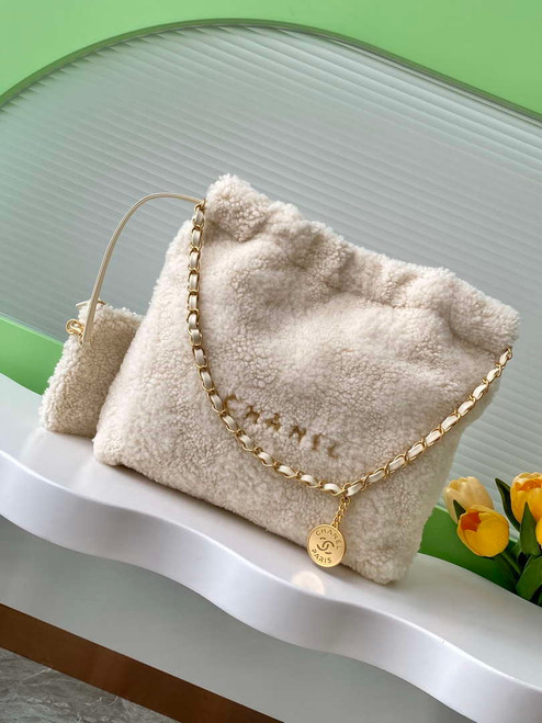 Chanel 22 bag AS3260 Small Handbag  Sheep wool Beige