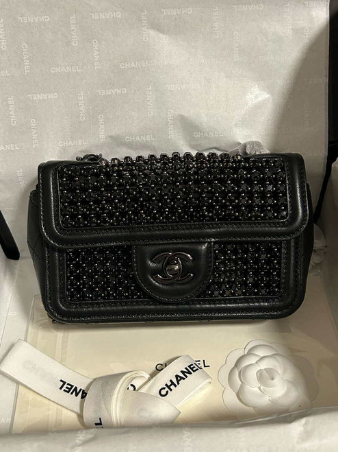 Chanel A8003 25p Evening Bag Lambskin Rhinestones Pearls A01112 Black