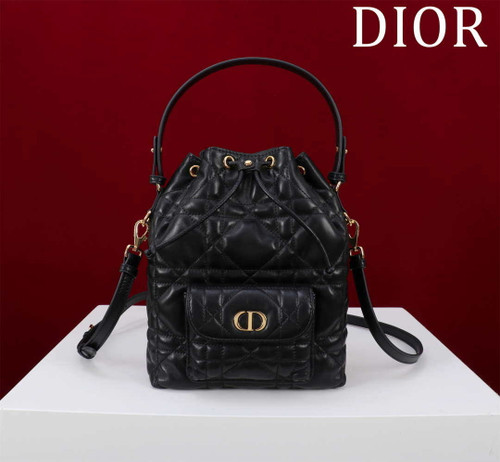 Dior Small Caro Bucket Bag Powder Black Macrocannage Lambskin M3372