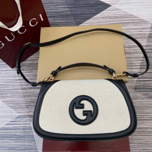 Gucci 815716 Gucci Blondie Medium top handle bag Black& Beige cotton linen canvas
