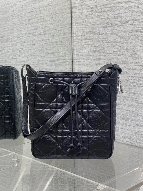Dior Medium D-Motion Bag M2852 Black Macrocannage Crinkled Calfskin