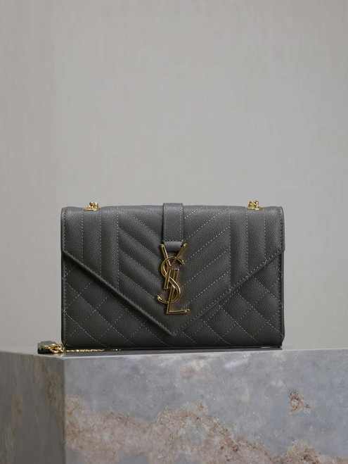 YSL 600195 Envelope Small In Quilted Grain De Poudre Embossed Leather Gray