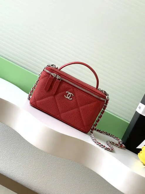 Chanel AP4933 25K Long Vanity with Chain Grained Shiny Calfskin Silver Red