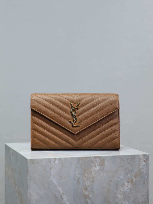 YSL 377828 Classic Cassandre chain wallet in grain de Poudre leather Brown