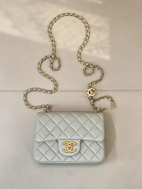 Chanel Mini Flap Shiny Lambskin & Gold-Tone Metal AS5758 Light Grey