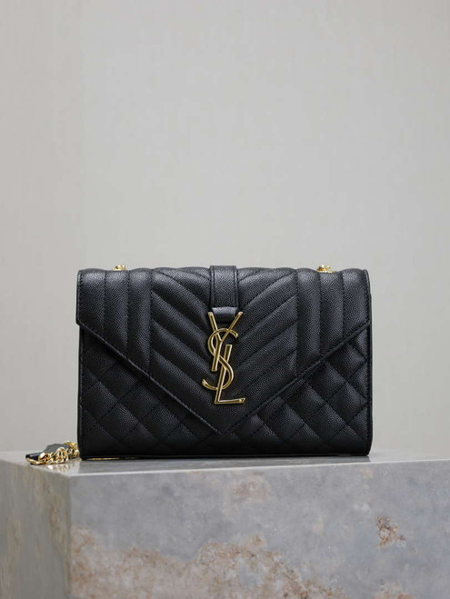 YSL 600195 Envelope Small In Quilted Grain De Poudre Embossed Leather Black Gold