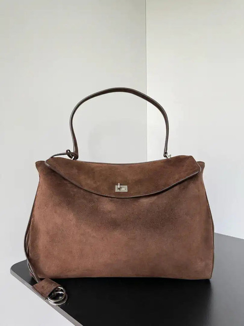 Balenciaga 7897442 Rodeo Handbag Large in Dark Brown Suede aged-Silver
