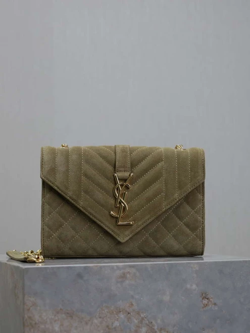 YSL 600195 Envelope Small In Quilted Dark Green Suede Leather
