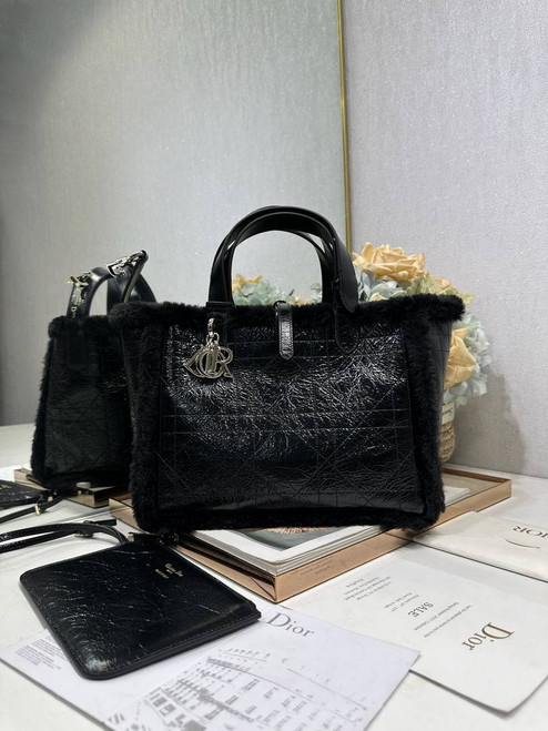 DiorAlps Medium Dior Toujours Bag Black Macrocannage Crinkled Calfskin and Merino Wool