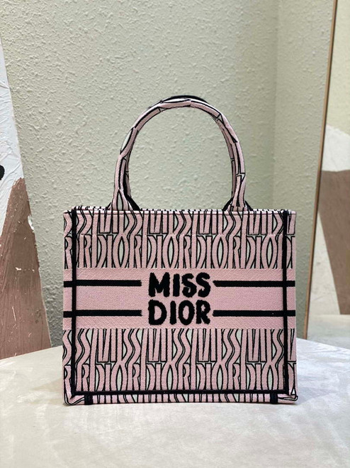 Dior M1265 Small Book Tote Black and Pink Miss Dior Allover Embroidery M9634