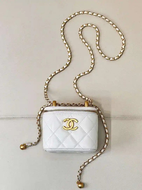 Chanel Small Vanity with Chain Shiny Calfskin White AP2292 Gold