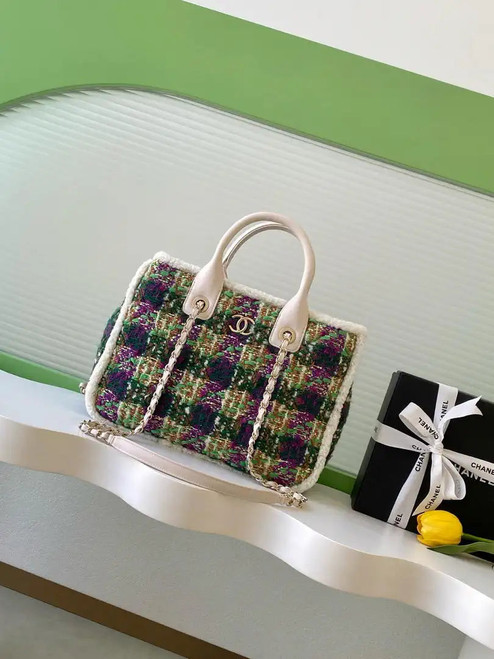 Chanel AS5688 25N Small Tote Tweed  Shearling Lambskin Purple & Green