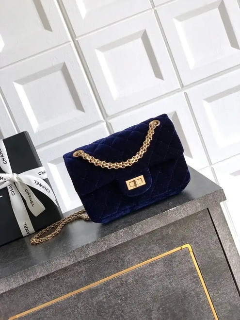 Chanel 20CM Mini Flap Bag 25A Velvet Navy Blue AS1116