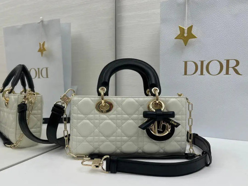 Dior M0613 Small Lady D-joy Bag White Cannage Lambskin With Black bow