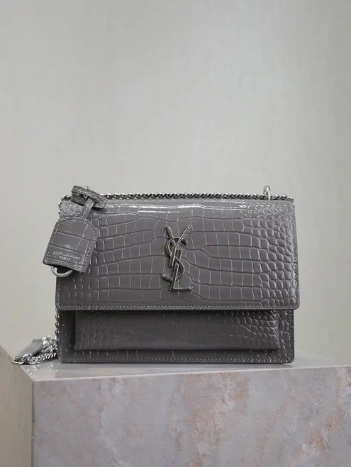 YSL 442906 SUNSET MEDIUM IN Gray crocodile leather