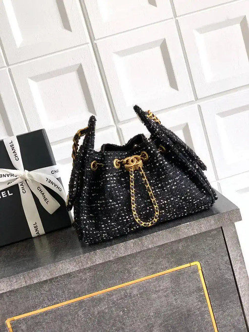 Chanel AS5631 Mini Hobo Tweed & Gold-Tone Metal Black