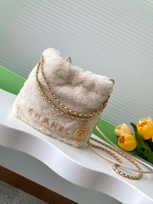 Chanel 22 AS3980 Mini Handbag wool & Gold-Tone Metal Beige