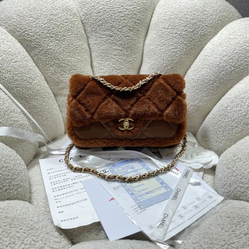 Chanel AS5149 Flap Bag Shearling Lambskin & Gold-Tone Metal Brown