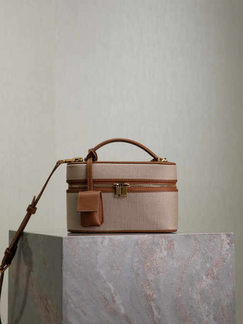 YSL 766731 GABY vanity bag in lambskin Earthy yellow cowhide paired with cotton and linen