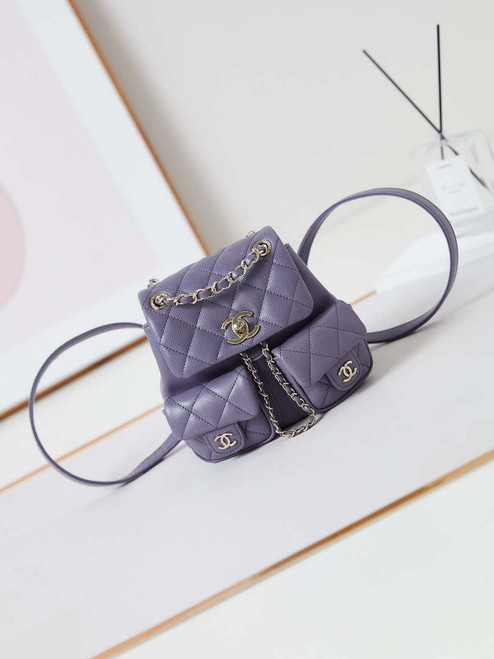 Chanel AS3787 Small Backpack Grained Shiny Calfskin & Gold-Tone Metal Light Purple