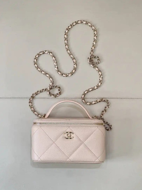 Chanel AP4933 25K Long Vanity with Chain Grained Shiny Calfskin Silver Apricot