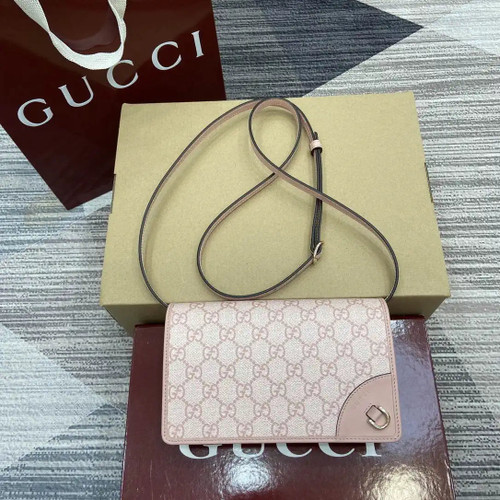 Gucci GG Emblem wallet with leather strap 820688 Biege & Pink