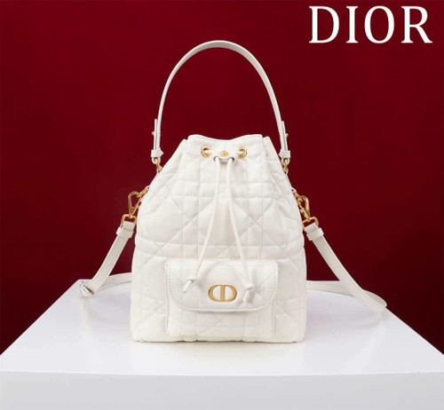 Dior Small Caro Bucket Bag Powder White Macrocannage Lambskin M3372