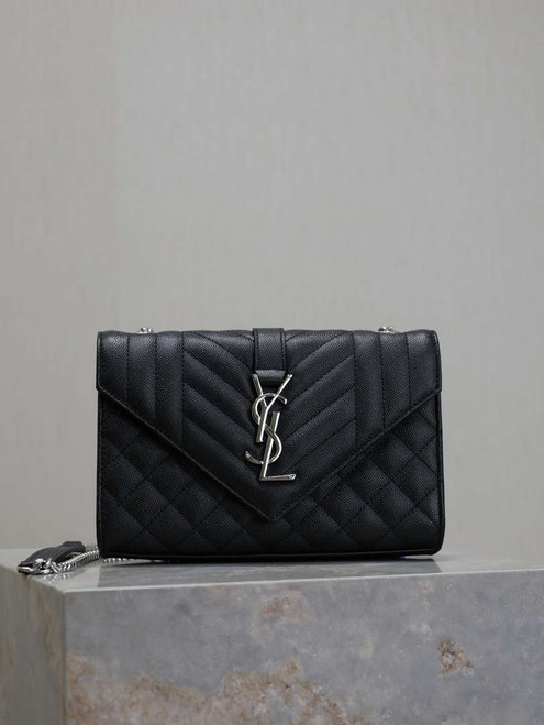 YSL 600195 Envelope Small In Quilted Grain De Poudre Embossed Leather Black with Silver Hardward