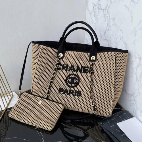 Chanel 25C A66941 Large Shopping Tote Raffia Beige & Black