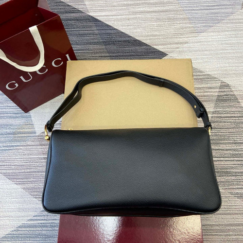 Gucci 862530 Gucci Half Horsebit Large Shoulder Bag Black soft grainy leather