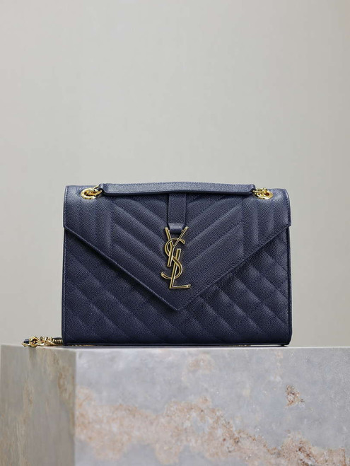 YSL 600185 Envelope Meduim In Quilted Grain De Poudre Embossed Leather Navy Blue