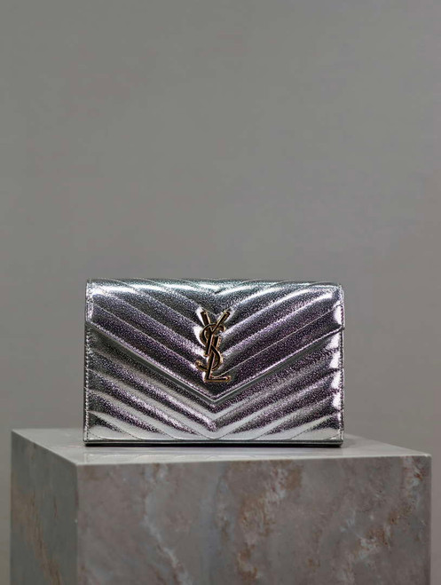 YSL 377828 Classic Cassandre chain wallet in Lambskin Silver