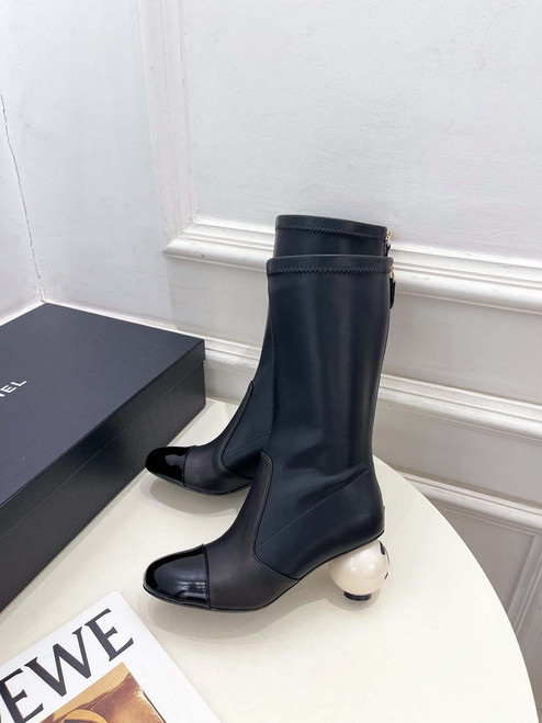 Chanel Jumbo Pearl Heel Stretch Boots Shoes C93689