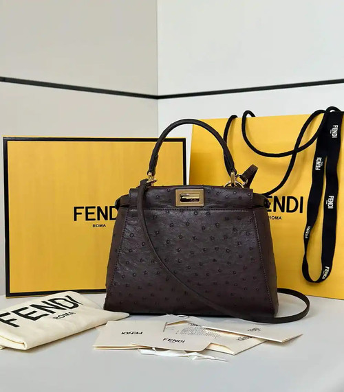 Fendi 8BN244 Peekaboo Iconic Mini Dark Brown Ostrich Leather 66806 Bag