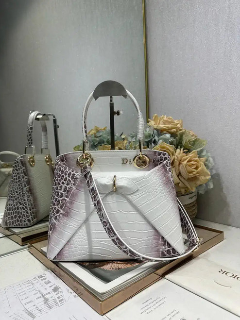 Dior M0737 Cigale top handle bag Crocodile pattern Gray