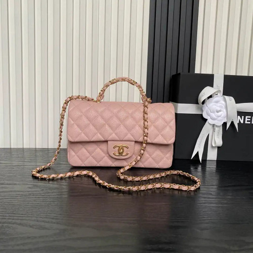 Chanel AS5702 Small Flap Bag with Top Handle Grained Shiny calfskin gold Pink