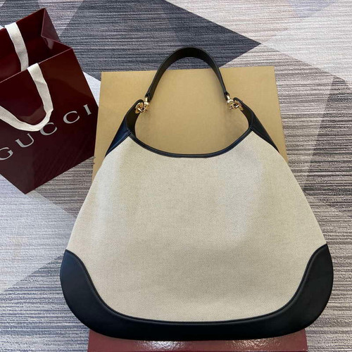 Gucci 815924 Gucci B Medium Shoulder Bag Natural cotton linen canvas Black