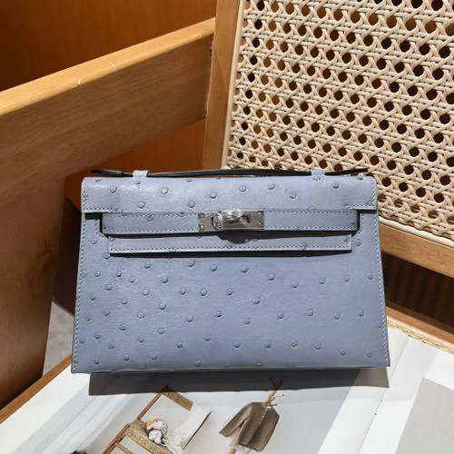 Hermes Kelly Pouchette Ostrich Leather clutch bag Silver H230304