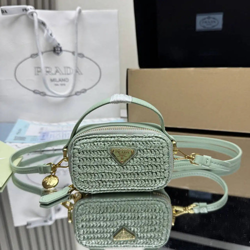 Prada 1NR025 Crochet and leather mini-pouch Green