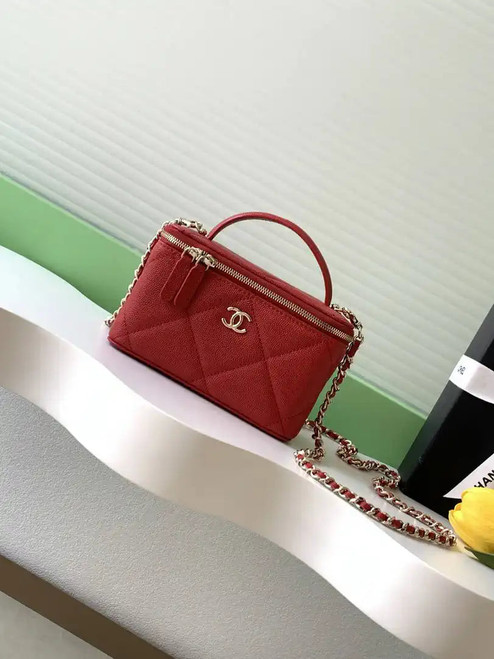 Chanel AP4933 Long Vanity with Chain Grained Shiny Calfskin Red